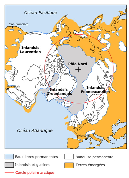 Extension des inlandsis et de la banquise dans l'hémisphère nord lors du dernier maximum glaciaire